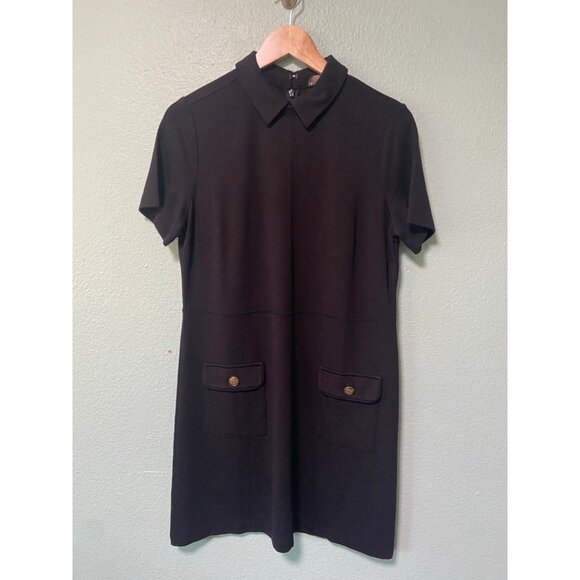 NWT Loft Women's Ponte Button Black and Gold Collared Pocket Shirt Dress Medium - Picture 6 of 11